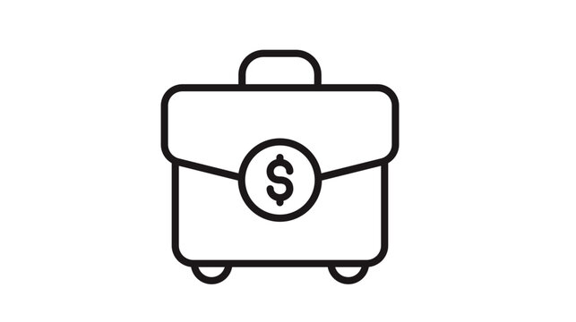Minimalist black line art vector icon of a professional briefcase featuring a dollar sign symbol, representing business, finance, wealth, investment, and corporate success on a white background.
