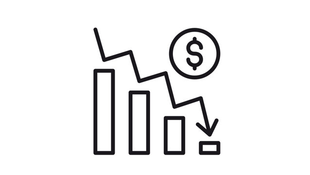 Financial loss and economic recession vector icon illustration featuring a downward trending bar chart, a falling arrow line, and a dollar sign symbol, representing market crash and deflation.