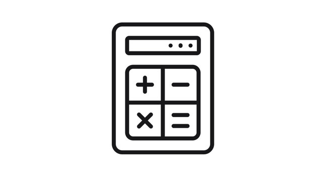 Black vector icon of a calculator featuring a display screen and four large buttons with math symbols for addition, subtraction, multiplication, and equals, isolated on white background.