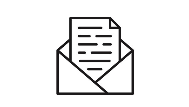 Black line vector icon of an open envelope with a document or letter inside, symbolizing email, mail, message, or communication. Minimalist graphic illustration for web and app design.