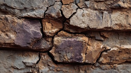 Fototapeta premium Rough brown and purple stone wall shows a textured, uneven surface with cracks.