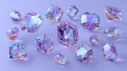 Fototapeta premium Multiple iridescent geometric crystal shapes are scattered across a soft lavender surface.