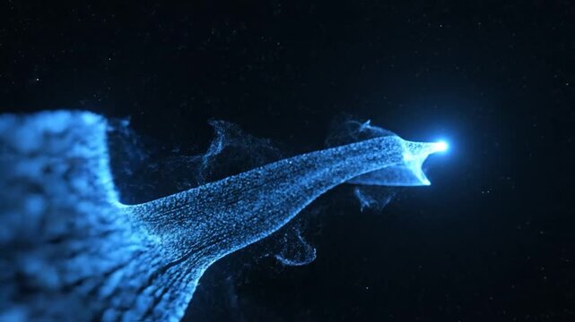 Abstract Blue Light Particles Flowing Through Darkness.
