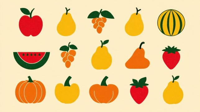 Collection of stylized fruit and gourd illustrations displayed in a grid pattern