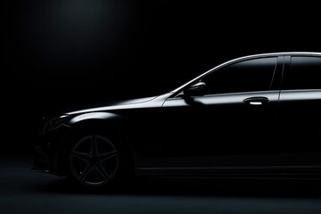 Fototapeta premium Modern black luxury car isolated on dark background automotive advertising vehicle concept