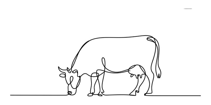 Minimalist one line drawing of a cow grazing in a field represented by a single black continuous line Vector, illustration