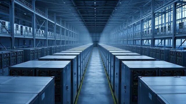 Modern server farm interior with rows of networked racks, symbolizing advanced digital computing and big data infrastructure