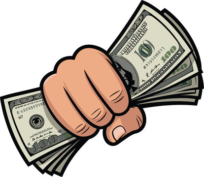 An illustration depicts a clenched fist firmly grasping a thick stack of one hundred dollar bills signifying wealth and financial power high quality