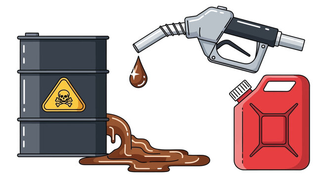 Spilled oil from barrel with warning sign and gas pump nozzle in hazardous materials style with dark colors and oil texture for industrial safety