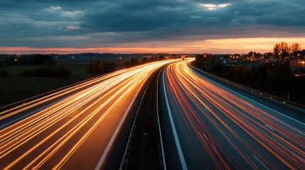 Obraz premium Elegent photo of motorway. Sunset motorway with dynamic light streaks and a warm atmospheric dusk glow. inspiring travel planning, mobility guides, designed for mobility and.
