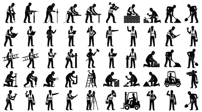 Massive collection of construction worker silhouettes featuring builders, welders, painters, and forklift operators performing various site tasks with professional tools and equipment