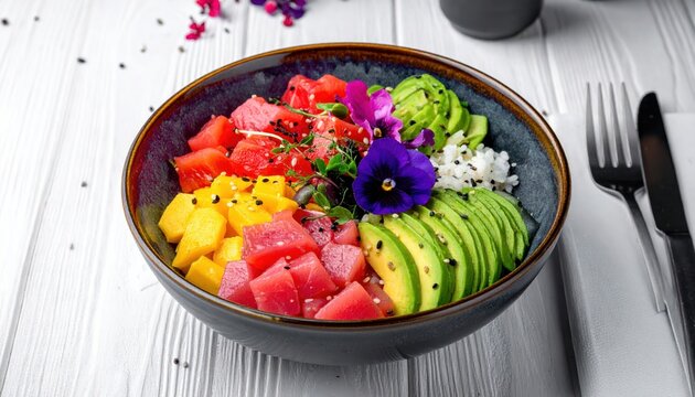 Vibrant poke bowl featuring marinated tuna, sticky rice, avocado, and edible flowers, a visually appealing and healthy meal.