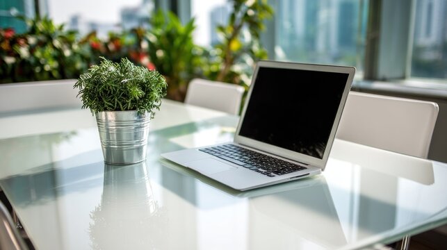 Open portable computer sits beside a small potted plant on a reflective modern table near a window with city view