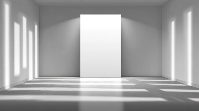 Interior room features a tall white panel illuminated by bright sunlight patterns cast from unseen windows.