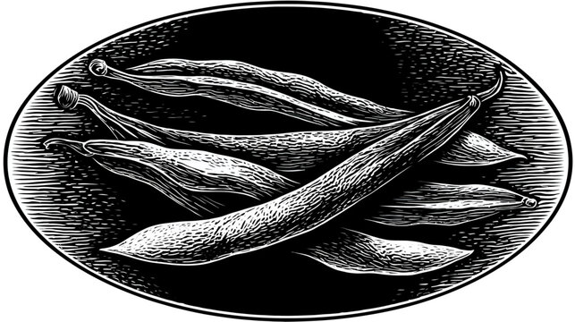 Black and white drawing of string beans in an oval frame