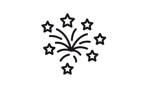 Minimalist black line art vector icon of exploding fireworks with multiple stars, representing a celebration, party, or festive event. Scalable silhouette symbol for holiday and anniversary.
