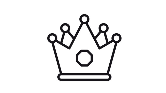 Minimalist black line art vector icon of a royal crown with five points and a central gemstone, perfect for luxury branding, king or queen symbols, and premium quality graphic design projects.