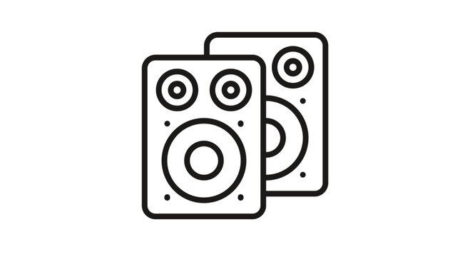 Minimalist black line vector icon illustration of two professional audio speakers or studio monitors, ideal for music production, sound systems, and entertainment design, isolated on white.