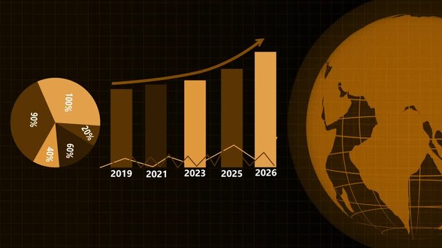 Neon business infographic with globe and charts animation, Neon-themed business infographic with pie chart, bar chart (2019-2026) and stylized magenta globe