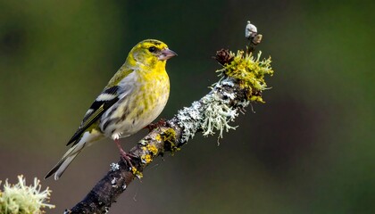 Obraz premium Small, bright bird perches on a lichen-covered branch with blurred green background