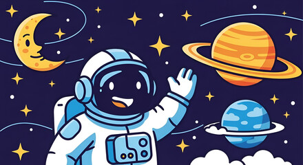 Fototapeta premium Cartoon astronaut waving hand surrounded by planets moon and stars against a deep space backdrop in a whimsical style