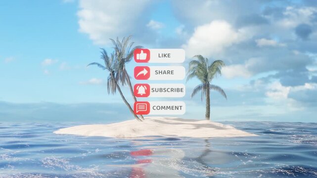 Tropical island with palm trees and social media overlay showing like share subscribe comment buttons icons outro end screen
