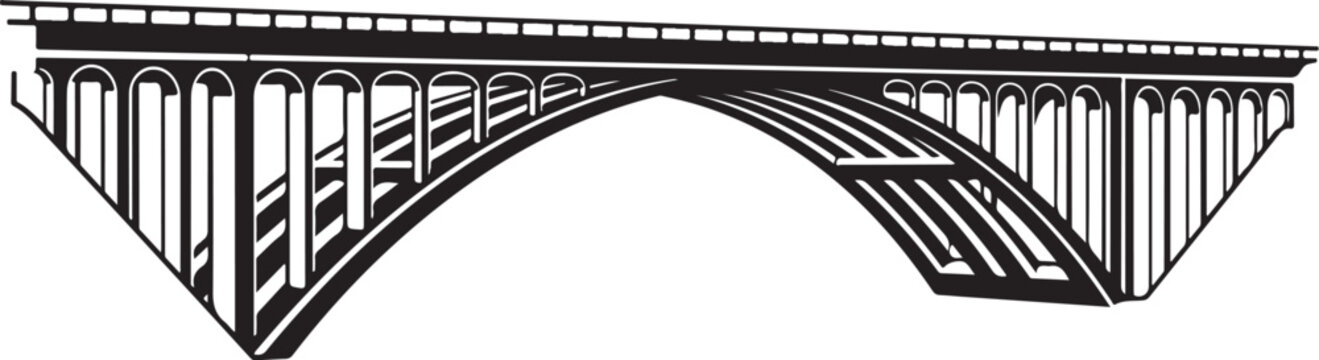 Black and white bridge illustration, arch bridge design, steel bridge vector, infrastructure icon