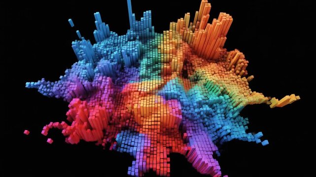 Explosive Spectrum: An abstract explosion of vibrant colors, each hue represented by dynamic structures, bursts forth against a dark expanse, a visual symphony of artistic expression. Generative AI.