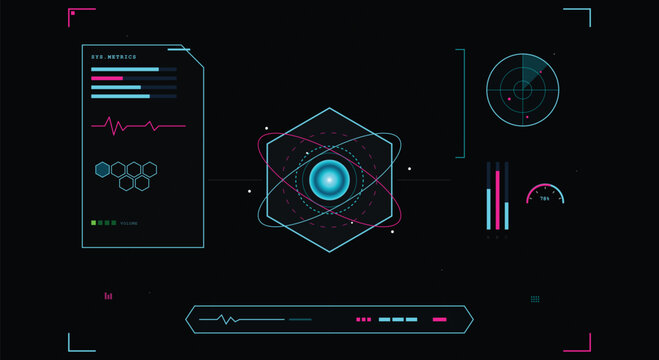 Futuristic head up display interface with digital sys metrics radar and hexagon core element for advanced data visualization tech concept