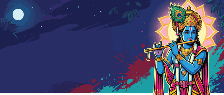 Krishna Festive Banner with Blue Skin Flute and Peacock Feather Accents