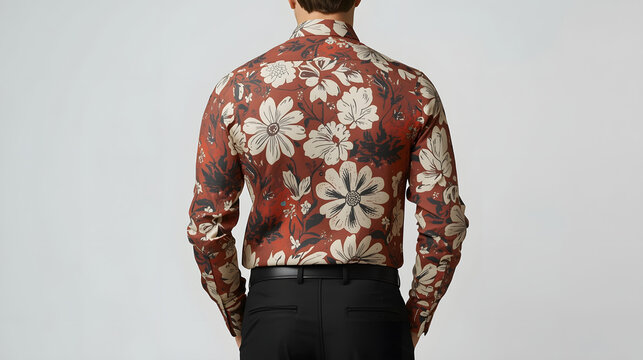 Back view of a man wearing a long-sleeved button-up shirt with a bold floral pattern in shades of rust, cream, and black.