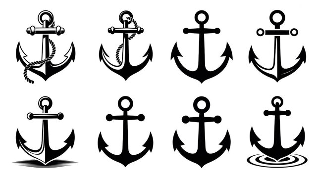 A set of eight black and white anchor designs arranged in a 2x4 grid. The top row features four anchors