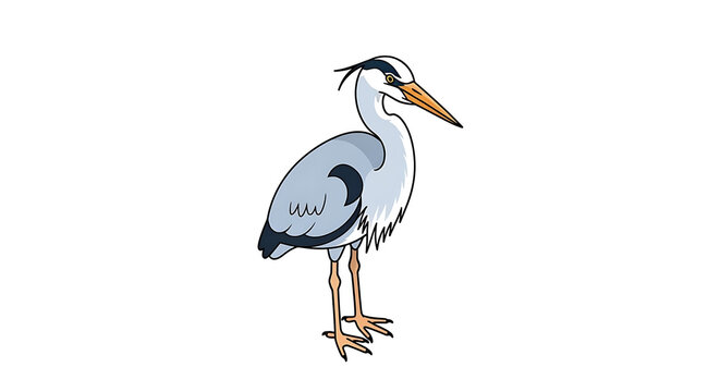 Isolated gray heron bird standing on thin legs, stylized cartoon illustration with visible pixelation