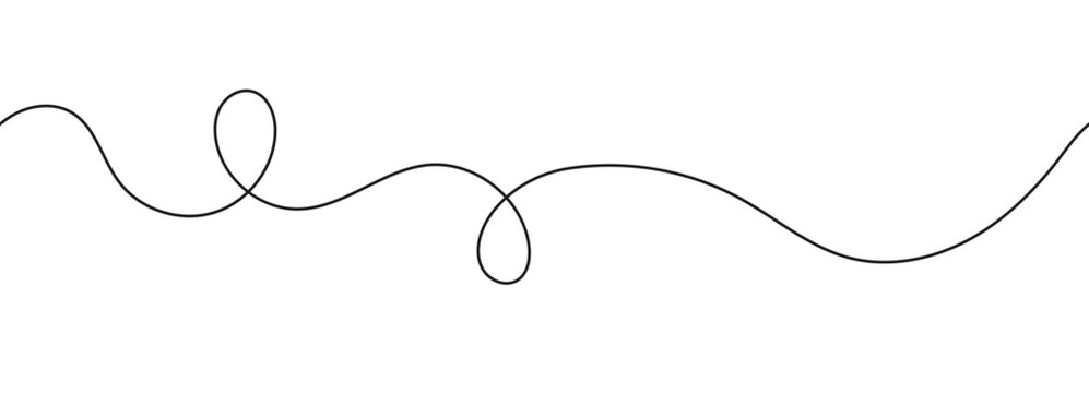Horizontal continuous loop line on white background. Minimal black hand drawn squiggle with curls. Simple vector long line pattern