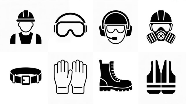 A set of eight black and white industrial safety equipment icons arranged in a 2x4 grid.
