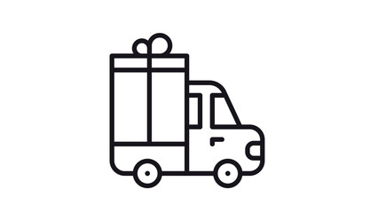 Obraz premium Minimalist black line art vector icon of a delivery truck carrying a large gift box with a ribbon, symbolizing gift shipping, express delivery, holiday logistics, and surprise packages.