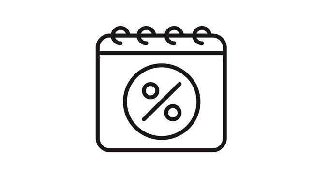 Black line vector icon of a calendar with a percentage symbol, representing a sale date, discount period, promotion schedule, or tax day, isolated on a white background illustration.