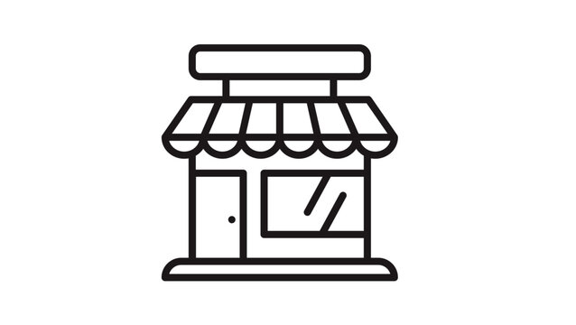Black minimalist vector icon of a storefront or small shop building with a striped awning, display window, and signage board, isolated on a white background for retail and business design.