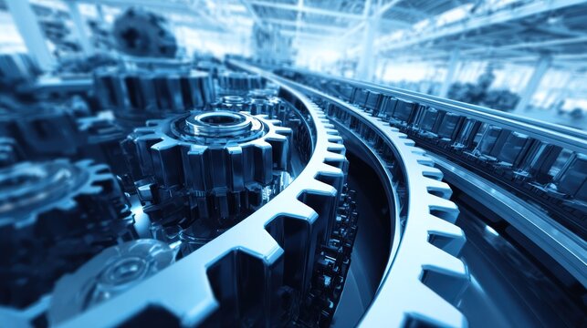 Close perspective of intricate metal gears and conveyor system operating within a bright industrial facility