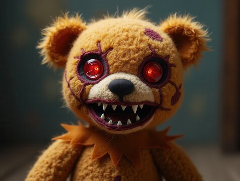 Scary teddy bear with glowing red eyes and fangs