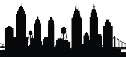 Obraz premium Detailed city skyline silhouette with water towers and bridge, black vector urban landscape featuring skyscrapers and industrial elements isolated on white.