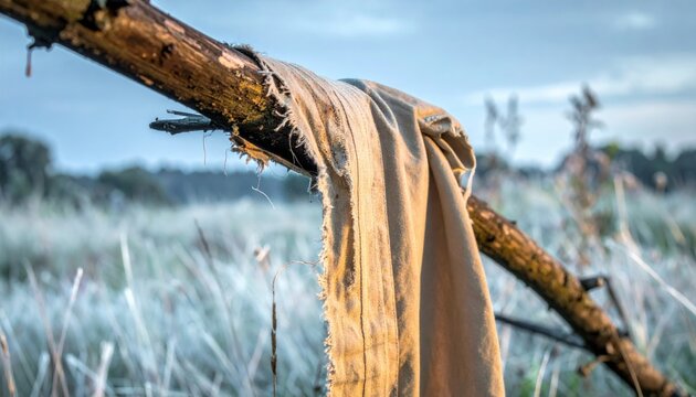 Faded Tattered Fabric Remnant Clinging to a Rustic Wooden Branch Outdoors