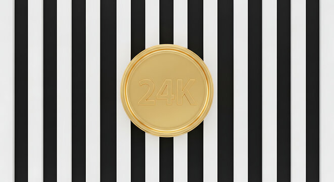 Isolated gold coin with 24k inscription, rich metallic texture, luxury and wealth symbol, premium quality, abstract pattern background