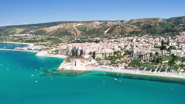 Summer aerial panorama of Sanctuary of Santa Maria dell&rsquo;Isola with dramatic coastal scenery