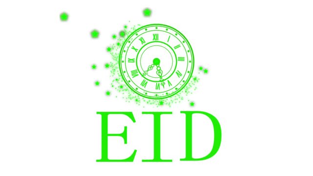 Eid clock logo animation, Clock face with roman numerals and decorative hands above large gold letters EID