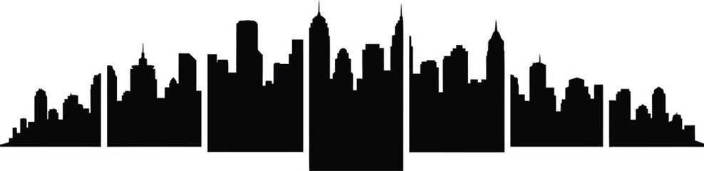 Obraz premium Detailed modern city skyline silhouette, black vector illustration of an urban cityscape with skyscrapers isolated on white background.