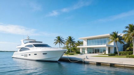 Fototapeta premium Luxury yacht docked near modern house