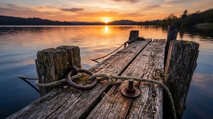 Naklejka premium Wooden pier on lake at sunset with calm water and golden sky