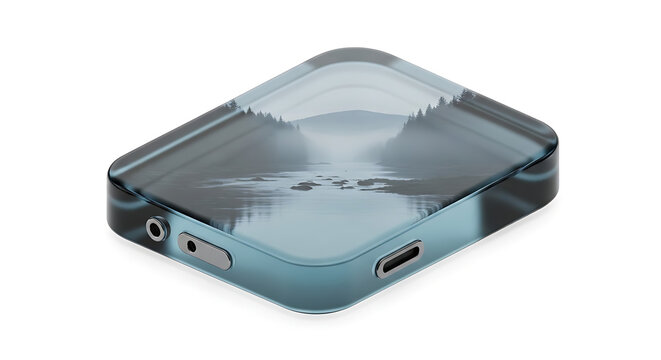 Isolated transparent digital audio interface with abstract landscape reflection, audio equipment, technology concept