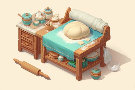 Baki Kitchen Table Preparing Clean Dough in Bright Vector Style